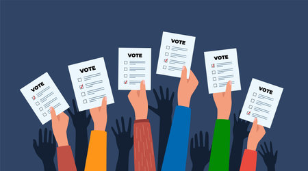 People's hands holding vote ballots. Voting and election concept. Vector illustrationのイラスト素材