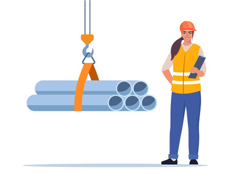 Woman engineer or manager looking for process of metal pipes transportation and loading. Construction worker wearing protective helmet and clothes. Vector illustrationのイラスト素材