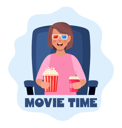 Kid watching movie with 3d glasses. Soda and popcorn in kids hands. Movie time concept. Cinema theater entertainment for children. Vector illustrationのイラスト素材