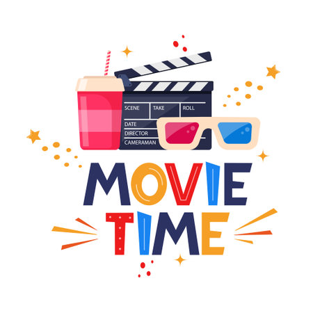 Movie time hand drawing lettering. Creative template for cinema poster, banner. Movie time concept with cinema elements. Vector illustrationのイラスト素材