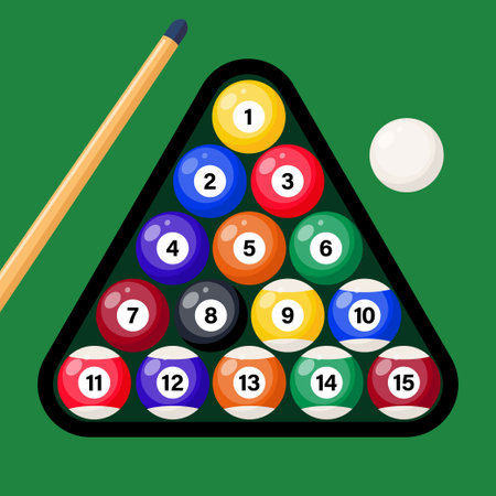 Billiard cue and pool balls in triangle on green table. Billiard balls, triangle and pool stick for...
