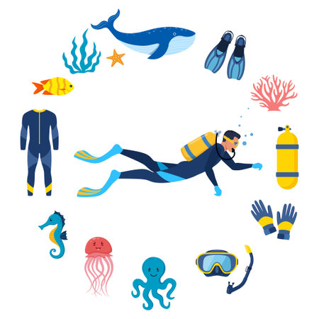 Diving and underwater world, set of elements. Diver with aqualung oxygen cylinders and flippers, mask, tube, marine life elements. Starfish, octopus, jellyfish, corals, algae. Vector illustrationのイラスト素材