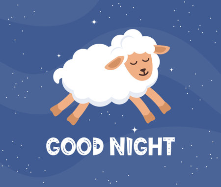 Kids print art night with a cute lamb and the text Good night. Dark background with cartoon sheep, stars. Kids poster for decoration of the children's room. Vector illustrationのイラスト素材