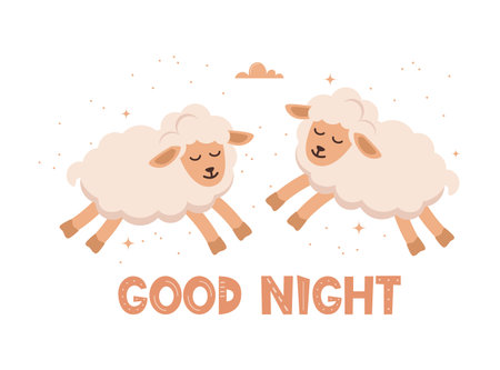 Kids print art with cute lambs and the text Good night. White background with cartoon sheeps, stars. Kids poster for decoration of the children's room. Vector illustrationのイラスト素材