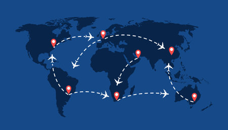 World travel map with airplanes, flight routes and pins marker. Vector illustration
