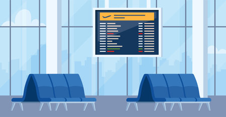 Empty airport arrival waiting room or departure lounge with chairs and information panels. Terminal hall with big airport window. Vector illustrationのイラスト素材