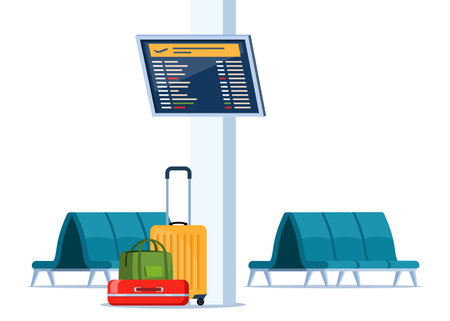 Empty rows of seats, element of airport lounge interior. Terminal waiting room. Departure lounge with chairs and information panels. Vector illustrationのイラスト素材