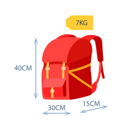 Baggage allowance. Backpack with dimensional arrows weight tag. Weight and size of luggage allowance. Hand luggage requirements for air travel. Vector illustrationのイラスト素材