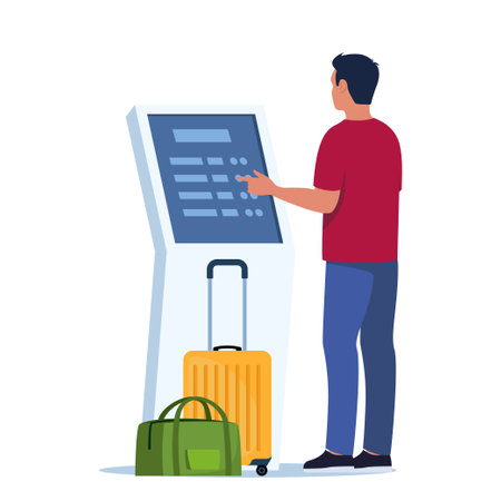 Man self check in at automatic machine in airport terminal. Buying ticket using interactive terminal. Vector illustrationのイラスト素材