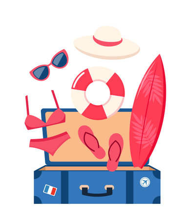 Open suitcase with summer beach elements. Summer colorful objects collection for outdoor trip vacation. Vector illustrationのイラスト素材