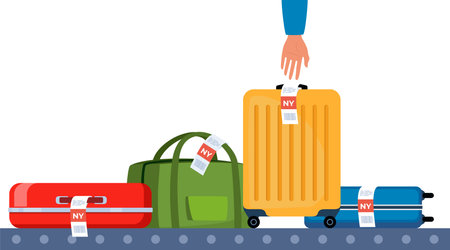 Airport conveyor belt with luggage. Carousel system with travel suitcases and bags with stickers. Human hand reaches for suitcase. Baggage collection at the airport. Vector illustrationのイラスト素材