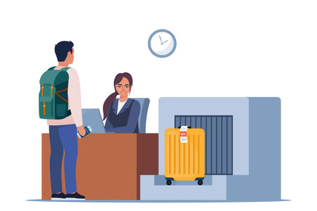 Passenger at international airport check in desk counter gate with weighting luggage belt, security check point, metal detector, x-ray scanner. Passenger and baggage check-in. Vector illustrationのイラスト素材