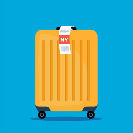 Luggage with airport sticker label. Suitcase with tag. Vector illustrationのイラスト素材
