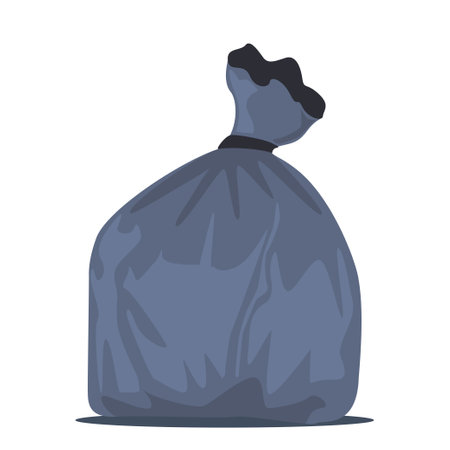 Black package full of garbage. Litter in polyethylene sack. Special disposable container for trash. Vector illustrationのイラスト素材