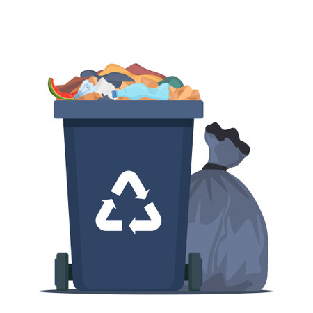 Full garbage bin and black plastic trash bag around. Overflowing recycling container with trash. Black recycle can. Street dump pollution, bin container pile, trashcan basket. Vector illustrationのイラスト素材