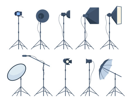 Different types of professional lighting equipment for blogging, vlogging and studio photo and video. Vector illustrationのイラスト素材