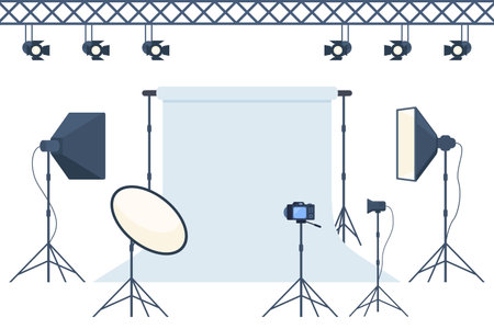 Photo studio with white blank background, soft box light, camera, spotlight. Professional equipment for photo and video shooting. Vector illustrationのイラスト素材