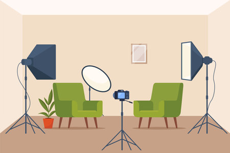Photo studio with white soft box light, camera, spotlight and armchair. Professional equipment for photo and video shooting. Vector illustrationのイラスト素材