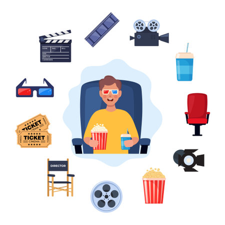 Kid watching movie with 3d glasses. Soda and popcorn in kids hands. Movie time concept. Cinema theater entertainment for children. Vector illustrationのイラスト素材