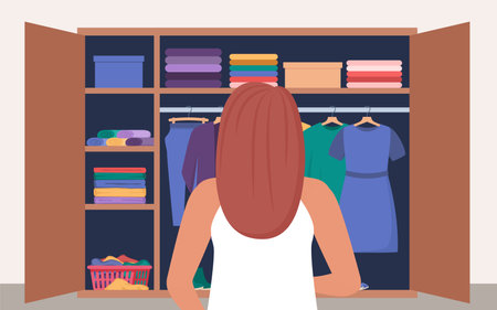 Woman standing near wardrobe to choose stylish outfit. Girl choosing clothes. Vector illustrationのイラスト素材
