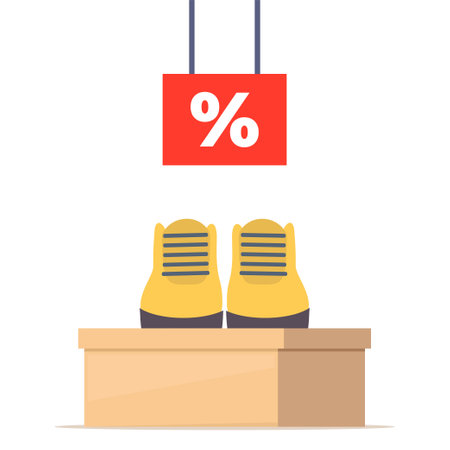 Shoe box with footwear. Stylish modern boots on box, side view. The price tag with discount percent sign. Shoes sale in store. Vector illustrationのイラスト素材