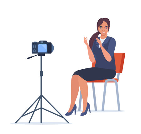 Shooting interview in professional studio. Soft box light, camera, spotlight. Professional equipment for video shooting. Two people having conversation on camera, making content. Vector illustrationのイラスト素材