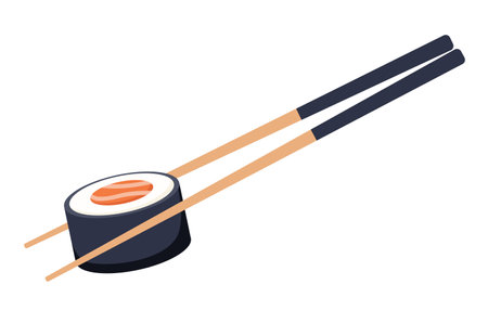 Chopsticks with sushi piece roll. Sushi utensil. Asian seafood. Vector isolated on white.のイラスト素材