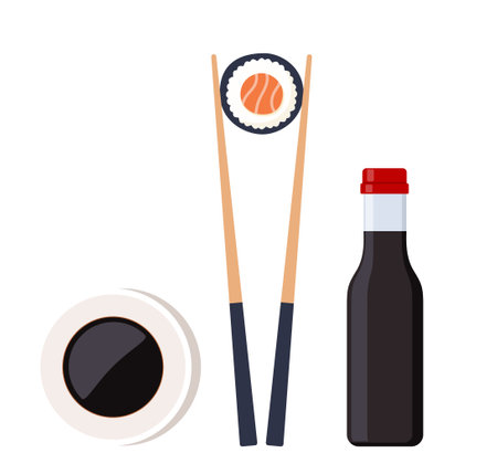 Soy sauce, chopsticks with sushi piece roll. Japanese cuisine, traditional food. Vector illustrationのイラスト素材