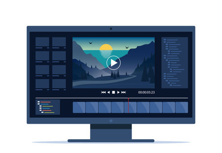 Video editing on desktop computer. Software to edit videos on screen with nature landscape scene, timeline and user interface. Multimedia and film production concept. Vector illustrationのイラスト素材