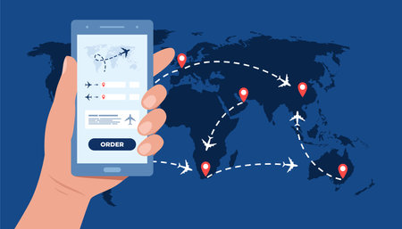 Hand with phone and mobile application for ordering tickets. World map with airplanes and pins. Vector illustrationのイラスト素材