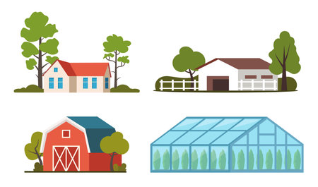 Farm building set. Village farmhouse, red barn, greenhouse, horse stable. Agriculture concept. Vector illustrationのイラスト素材