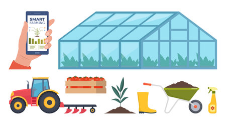 Different farm elements. Greenhouse, fertilizers, tractor, cart. Smart farming. Smartphone with app for control plants growing. Vector illustrationのイラスト素材