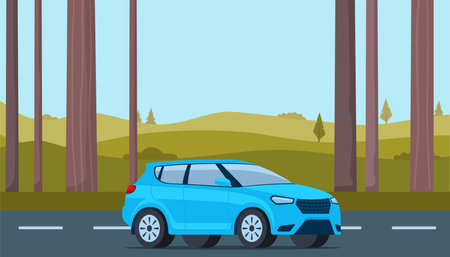 Traveling by car. Car drive along road towards trip adventure. Summer vacation tourism background. Vector illustrationのイラスト素材