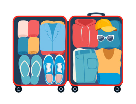 Suitcase with packed clothes for travel in top view. Clothing, footwear and accessories. Personal belongings in luggage, going on vacation, journey or business trip. Vector illustrationのイラスト素材