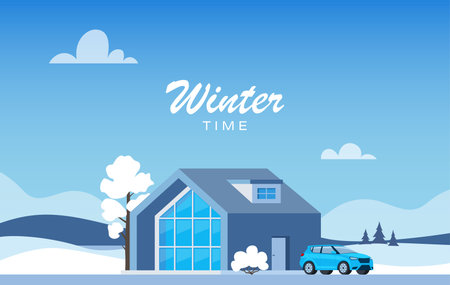 Winter landscape with big house. Winter holidays. Cute winter landscape for holiday banner. Lovely house in a snowy valley. Winter Cabin. Vector illustrationのイラスト素材