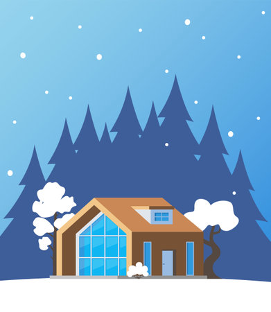 Winter landscape with big house. Winter holidays. Cute winter landscape for holiday banner. Lovely house in a snowy valley. Winter Cabin. Vector illustrationのイラスト素材