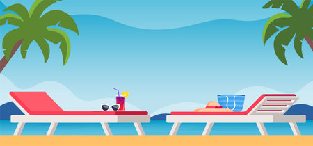 Sunbeds with parasol at sand beach. Summer tropical resort with private chaise-longues at seacoast. Sun bed and beach elements. Vector illustrationのイラスト素材