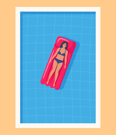 Happy woman in swimsuit floating on inflatable mattress in swimming pool. Relaxation, enjoying life concept. Top view. Summer time vacations. Vector illustrationのイラスト素材
