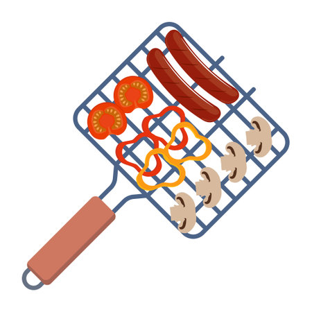 Barbeque grill grate with sausages, vegetables, mushroom. Device for grilling food. Top view. Vector illustrationのイラスト素材