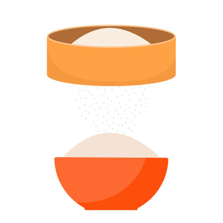 Flour sifter, package of, bowl set. Baking Ingredients. Healthy organic food. Cartoon vector. Dough cooking. Organic product illustration. Kitchen utensils.のイラスト素材