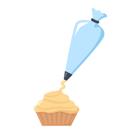 Cake decorating. Pastry bag for decorate cakes with cream. Cooking and baking process. Vector illustrationのイラスト素材