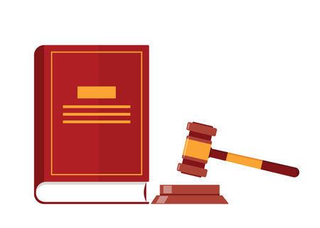Law book and judge gavel, decision glossy mallet for court verdict. Law and justice system symbol. Vector illustrationのイラスト素材