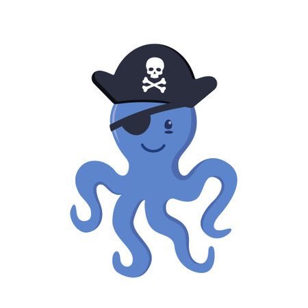 Cute octopus pirate character in pirate hat with skull and bones. Vector illustrationのイラスト素材
