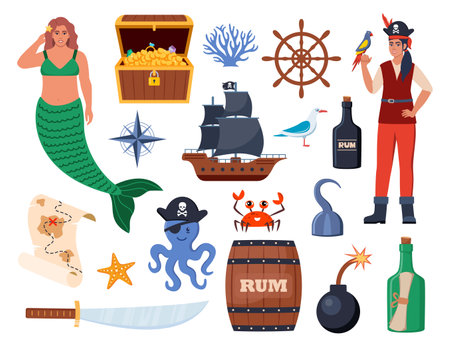 Pirate elements set. Pirates theme illustrations with ship, captain, chest, map, parrot, rum, cannonball. Funny pirate party icons. Vector illustrationのイラスト素材