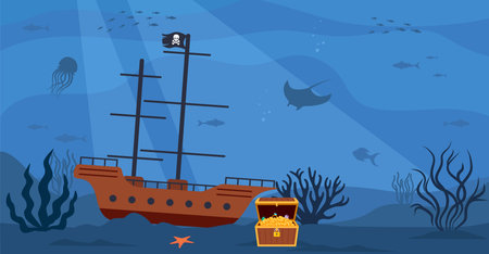 Underwater scenery with open pirate treasure chest and pirate ship on bottom. Vector illustrationのイラスト素材