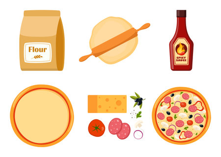 Pizza cooking steps. Easy recipe for homemade Italian food. Salami and sauce, tomato and cheese. Preparation of the dough. Vector illustrationのイラスト素材