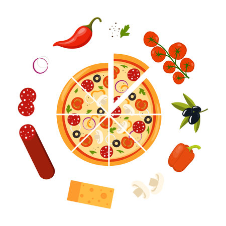 Fresh round pizza cut into triangular pieces and ingredients around. Pizza with tomato, cheese, olive, sausage, onion, pepper. Traditional Italian fast food. Top view meal. Vector illustrationのイラスト素材