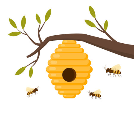 Yellow bee hive on a white background. Bee hive isolate. Bee house with a circular entrance. Insect life in nature. Bees near the hive. Beehive in a tree branch. Vector illustrationのイラスト素材