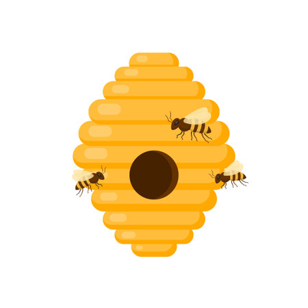 Yellow bee hive on a white background. Bee hive isolate. Bee house with a circular entrance. Insect life in nature. Bees near the hive. Vector illustrationのイラスト素材