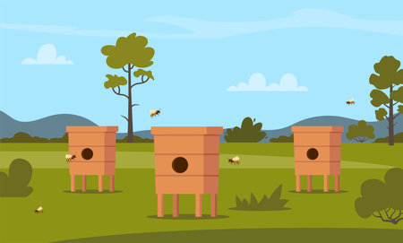 Apiary with hives and honey bees. Farm with beehives and flower garden panorama. Apiculture...
